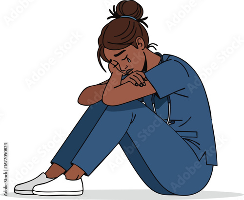 Sad nurse crying on floor illustrating healthcare burnout doctor medical professional worker