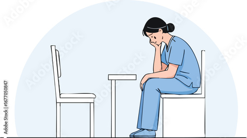 Sad nurse sitting alone in waiting room medical healthcare hospital clinic patient