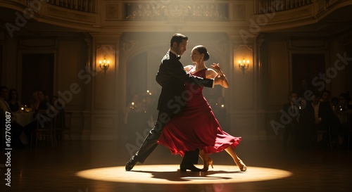 Ballroom couple gracefully dancing in a spotlight, their elegant movements captivating the audience's attention.