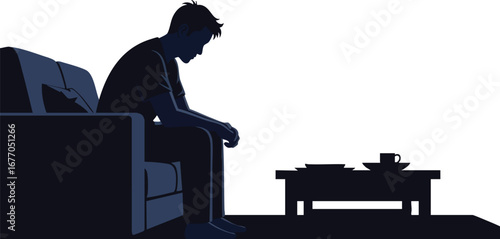 Silhouette of a depressed man sitting depression sadness lonely alone  simple  sadness  plate  cup