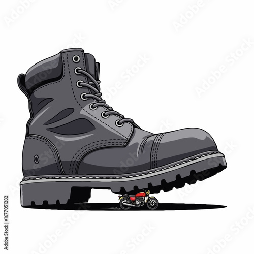 Symbolic depiction of overwhelming force A massive boot crushes a tiny motorcycle, representing struggle, suppression, and the challenge of the small against the mighty