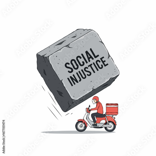 Conceptual vector illustration of social injustice as a heavy burden crushing a vulnerable gig economy food delivery driver