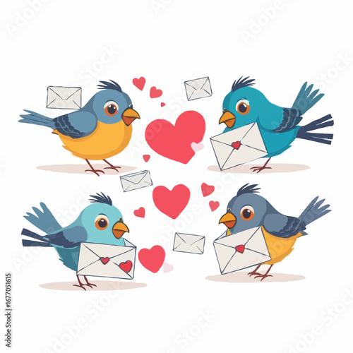 Sweet cartoon birds exchanging love letters and messages with floating hearts, symbolizing affection, romance, and connection