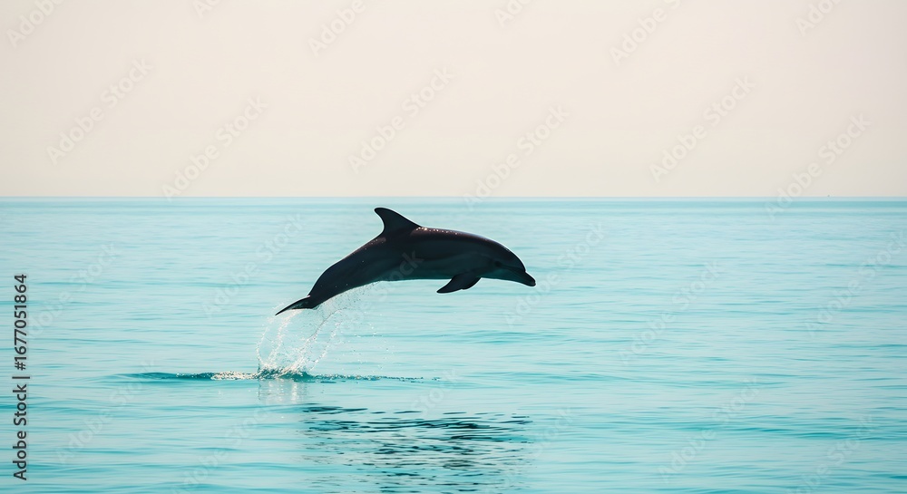 Fototapeta premium A dolphin leaps gracefully out of the turquoise water against a pale sky in a display of nature's beauty.