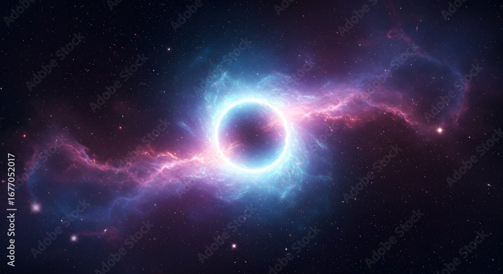 Fototapeta premium A celestial ring of vibrant cosmic clouds encircles a dark sphere, set against a starlit expanse of deep space.