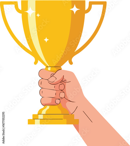 Winner holding a shiny gold trophy cup for first place achievement award prize golden