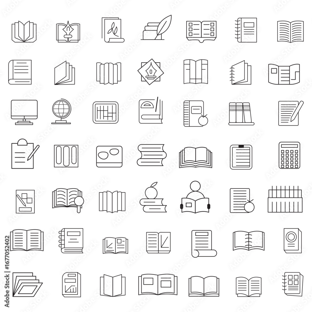 Fototapeta premium Book Line Icons Editable Stroke, Book line vector icon set. The set contains icons: Book, Audiobook, E-Reader, Studying, Tutorial, Personal Organizer, Diary, Reference Book.