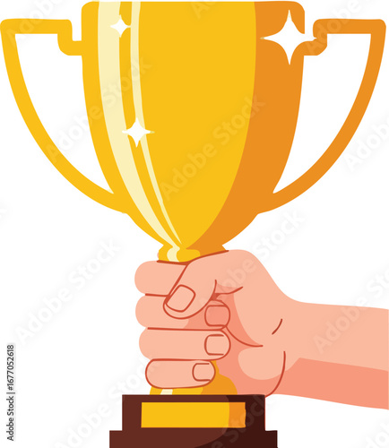 Winning hand holding golden trophy cup gold winner 3  first place  success  best  celebration  sport