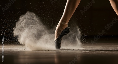 Ballet dancer striking pointe position, captured in a cloud of dust on a dark stage. Grace and power combined.