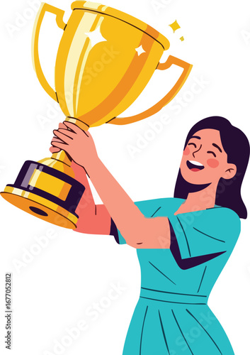 Woman celebrating victory with trophy celebration success achievement  happy  trophy  joy  positive  triumphant  career