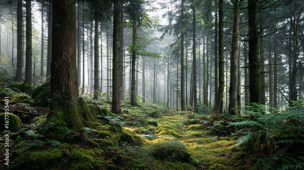 Obraz premium Lush forest scene with sunlight filtering through tall trees, inviting nature lovers