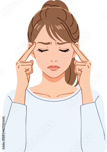 Young woman suffering from a painful headache or migraine pressing her temples pain stress