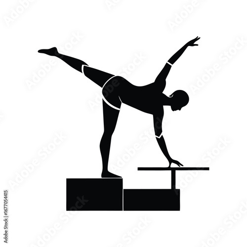 Gymnast one arm handstand balance beam silhouette isolated on white background