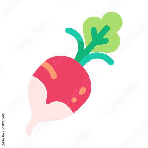 Cartoon-style radish with green leaves and a pink body  