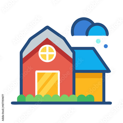 Colorful house illustration with rain and garden in flat style  