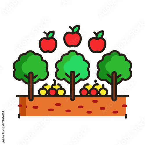 Colorful orchard with apple trees and various fruits on ground  