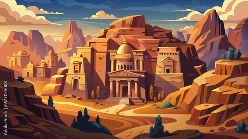 The Petra-like city of Hegra in Saudi Arabia features monumental rock-cut tombs, adorned with Nabatean artistry, emerging from sandstone cliffs under a dramatic desert light at dawn.