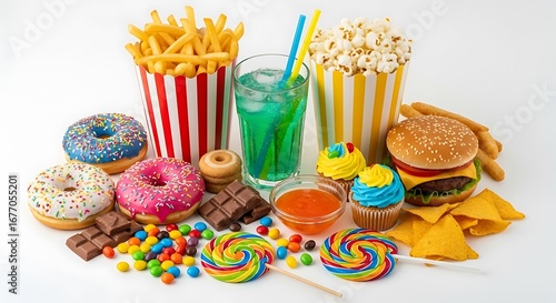 A colorful assortment of unhealthy fast food and sweet treats