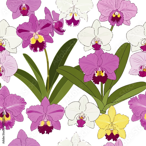 Seamless floral pattern featuring beautiful hand-drawn purple, white, and yellow orchid flowers on a white background