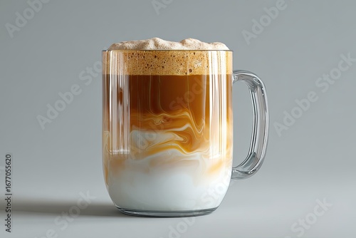A clear glass mug filled with a layered coffee drink.  Foamy top layer, brown coffee, and creamy milk.  Muted gray background