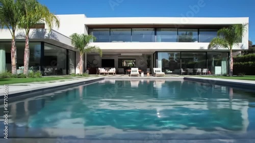 Wallpaper Mural Modern house with a pool, featuring large windows and outdoor patio furniture, under a clear blue sky Torontodigital.ca