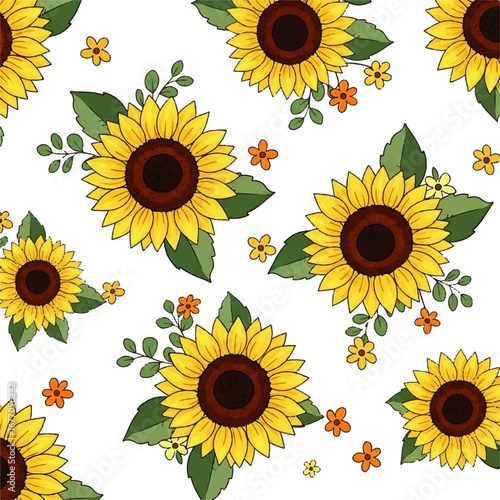 Vibrant sunflower pattern illustration with green leaves and small orange blossoms on a white background