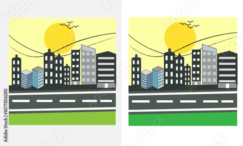 ROAD SAIDE CITY HOUSE & SUNSET VECTOR ART
