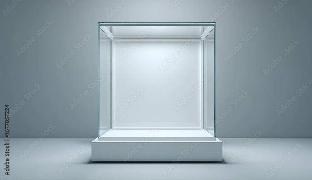 Fototapeta premium Empty glass display case on white pedestal, studio shot