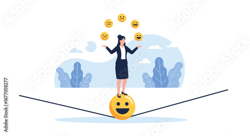 Woman juggling emotions while balancing on a smiley face rope representing emotional intelligence and mental well-being
