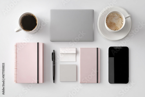 A brown cup of hot coffee with a pen on a blank notebook on a wooden desk