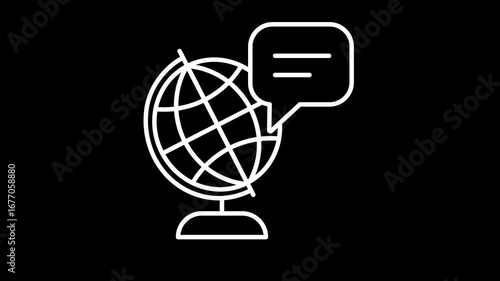 Animation of language learning in minimalist style, simple outline globe with speech bubble, symbolic education element, study and communication concept, decorative contour, modern motion graphics