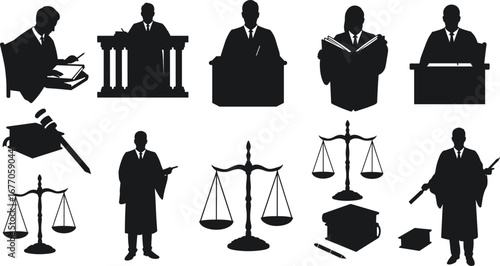 Silhouette Icons of Lawyers, Judges, Courtroom, Justice Scale, Legal Documents, Gavel, Legal System, Law Education, Attorney Profession Set