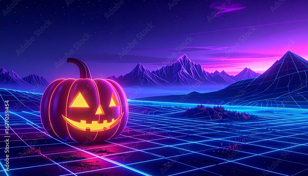 Naklejka premium Neon Cyber Pumpkin Grid — Futuristic Halloween Background