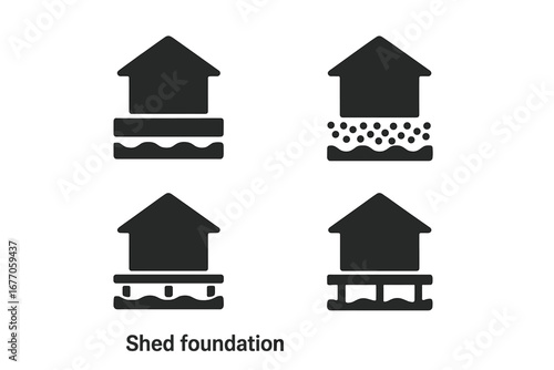 Shed foundation vector icon set. Solid glyph icons of base options for a garden shed or tiny house. Concrete slab, gravel pad, deck block pier, and wood skid foundations.