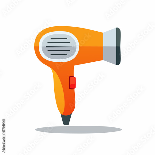 Orange hair dryer with gray nozzle for hair styling, isolated, stylized vector