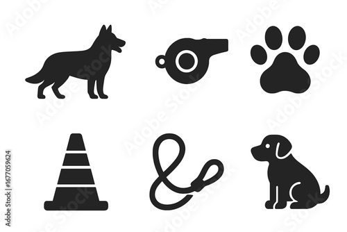 Dog training vector icon set. Shepherd dog silhouette, puppy, paw print, whistle, agility cone, and leash icons. Pet care, obedience, and K9 concepts for graphic design.