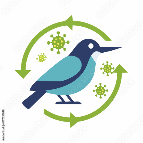 Illustration of a bird surrounded by arrows and viruses for health concept