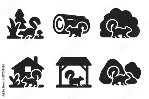 Skunk habitat vector icon set. Solid glyphs showing a skunk's home in nature and urban areas. Forest floor, hollow log, bush shelter, backyard, under shed, rocky den.