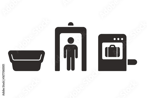 Airport security checkpoint icon set. TSA passenger screening with metal detector, x-ray baggage scanner, and plastic bin. Travel safety and transportation vector illustration.