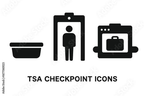 Airport security checkpoint solid icon set. TSA check procedure with metal detector, X-ray scanner and plastic bin. Travel safety vector illustration pictogram collection.