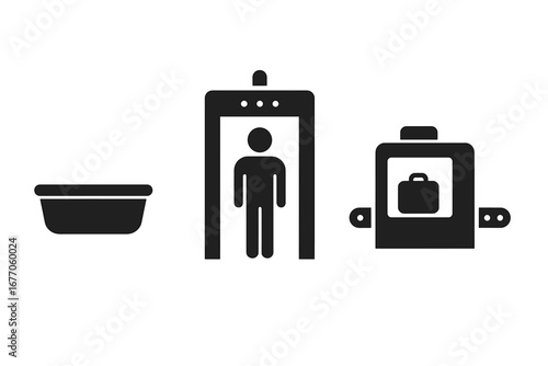 Airport security checkpoint vector icon set. TSA essentials solid icons: plastic bin, walk-through metal detector, and baggage X-ray scanner. Transportation safety concept.