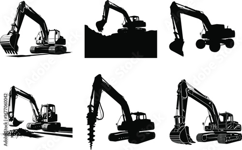 Excavator Silhouette Construction Vector Design, Heavy Equipment Excavator Silhouette Illustration, Industrial Machine Excavator Silhouette Clipart