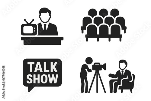 Talk show solid glyph icon set. TV broadcasting, media entertainment symbols. Live interview with host, guest and audience. Cameraman filming presenter vector pictograms.