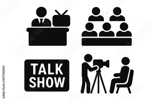 TV talk show solid glyph icon set. Vector collection of television broadcast symbols. Host, guest, interview, cameraman, audience, and studio setup pictogram for media.