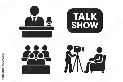 TV talk show icon set. Vector glyph pictograms of a host, guest interview, camera crew, studio audience, and show logo. Media, broadcast, and entertainment concept symbols.