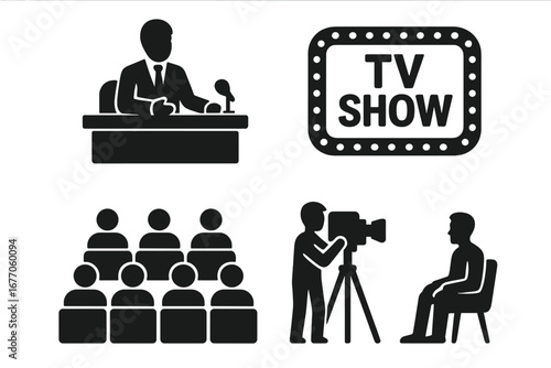 TV show solid icon set. Vector glyphs of talk show host, guest interview, cameraman, and audience. Broadcasting and media entertainment symbols for web and graphic design.