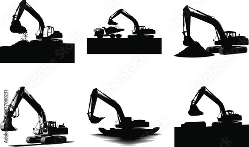 Excavator Silhouette Construction Vector Design, Heavy Equipment Excavator Silhouette Illustration, Industrial Machine Excavator Silhouette Clipart
