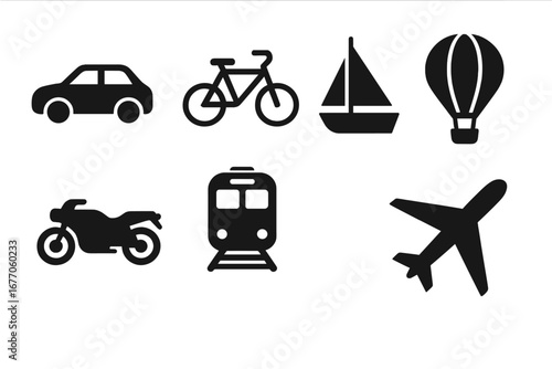 Travel and transportation icon set. Solid glyphs collection of vehicle symbols. Car, bicycle, sailboat, hot air balloon, motorcycle, train, airplane vector illustration.