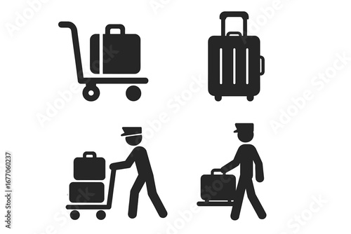 Travel and hospitality icon set. Vector symbols for airport and hotel services. Luggage trolley, suitcase, and bellboy porter assistance. Baggage handling pictogram glyphs.