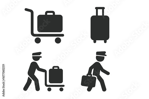 Travel icon set. Baggage assistance and luggage service. Airport porter, bellhop pushing trolley cart with suitcase. Solid pictogram collection for tourism and vacation.